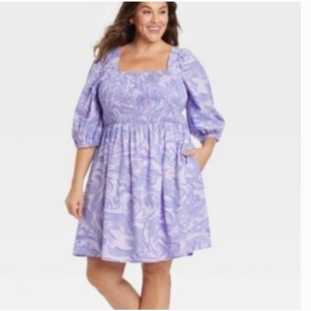 Ava & Viv Puff Sleeve Dress with Abstract Paint Swirl in Purple and Pink